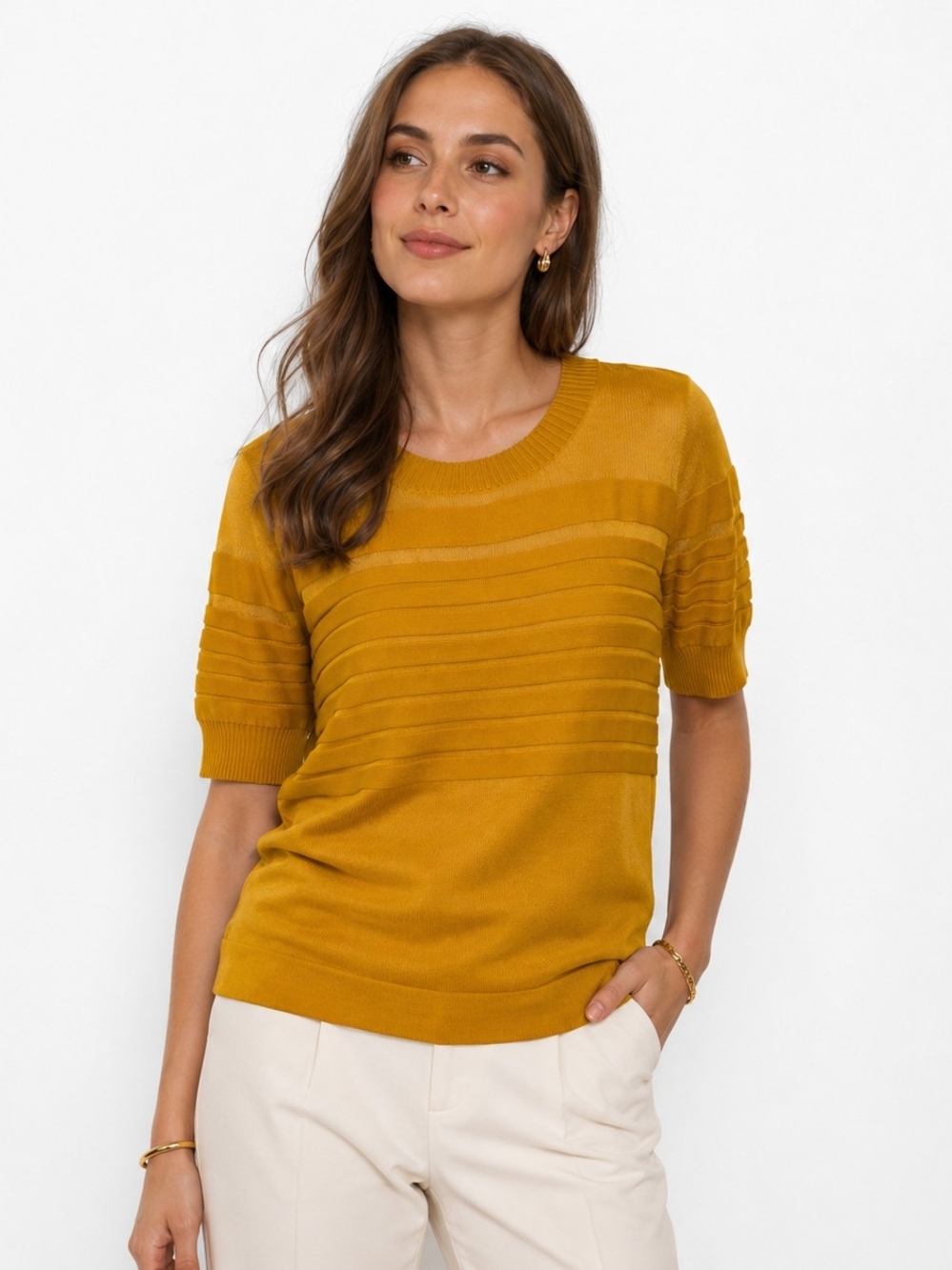 Carlisle Golden Spice Ribbed Crewneck Sweater Cotton/Silk